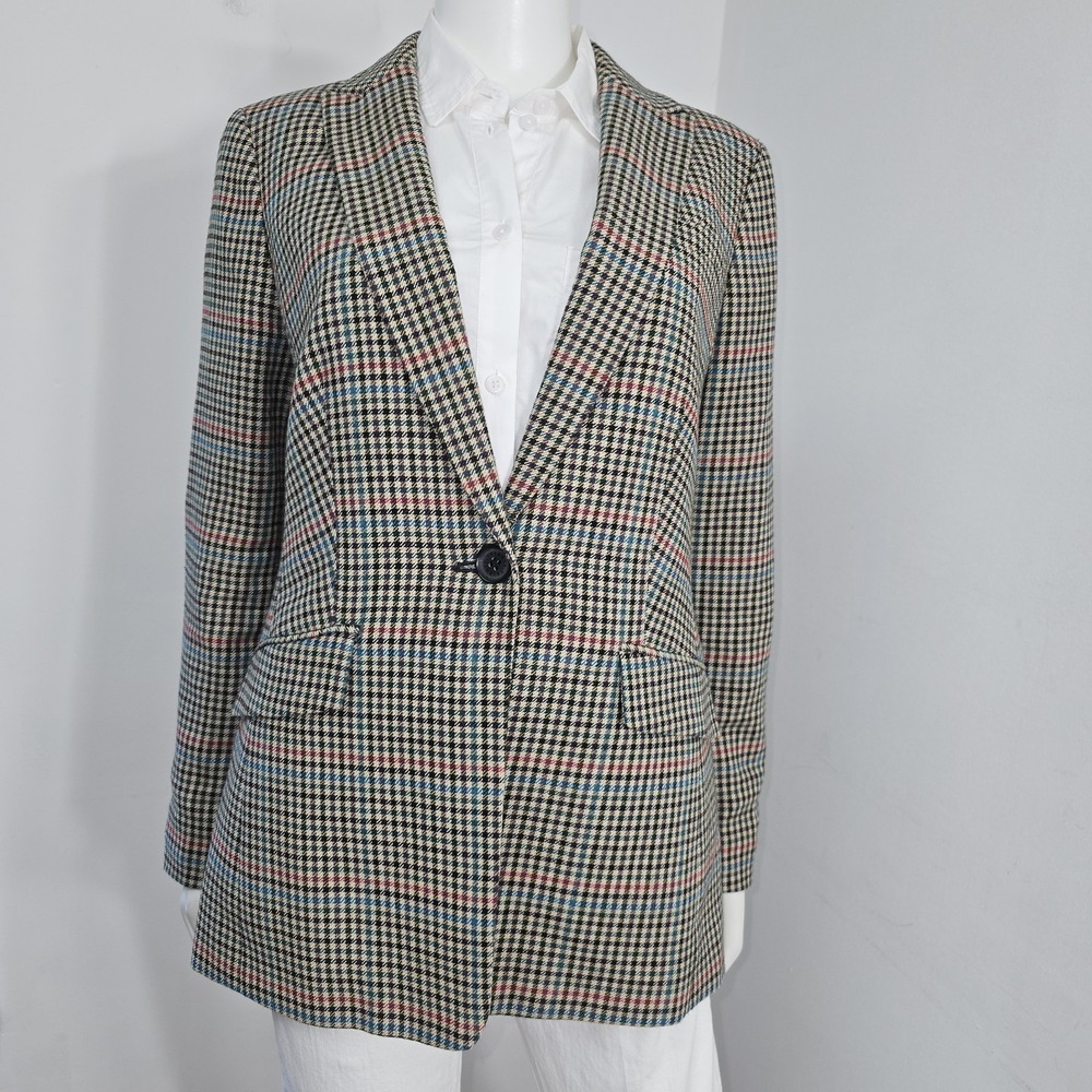 Talbots Blazer Jacket Houndstooth Plaid Multi-Autumn Colors Lined Size 8 Preppy